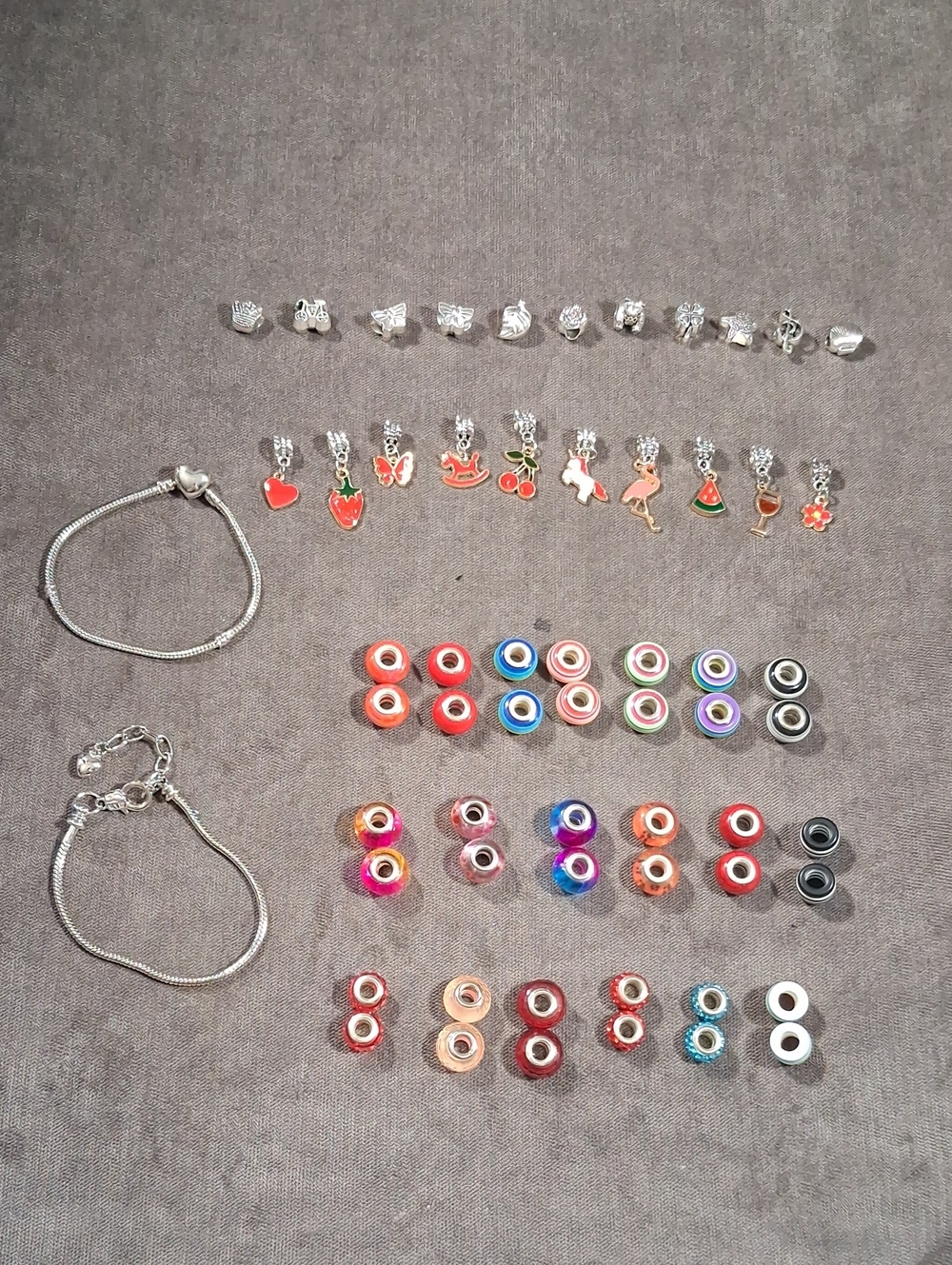 Large Lot 2 Silver Tone Bracelets + 60 Silver Tone & Plastic Charm Beads NEW